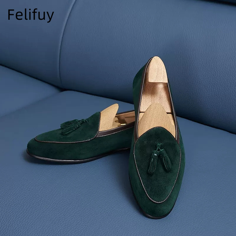 Men Shoes Kinds - Italienische Arten Kuh-Wildleder-Herren-Loafer mit Quasten-Design, Slip-on,